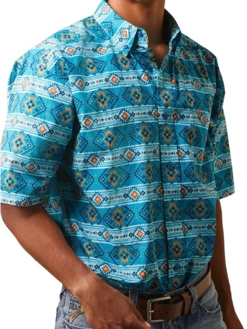 Boys Ariat Konner Classic Turquoise Patterned Short-Sleeve Shirt. S/8 - Picture 2 of 4